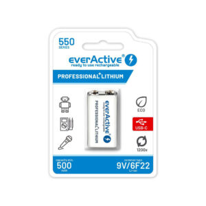 Akumulatorek 6F22 Li-Ion everActive 9V 550mAh z gniazdem USB-C
