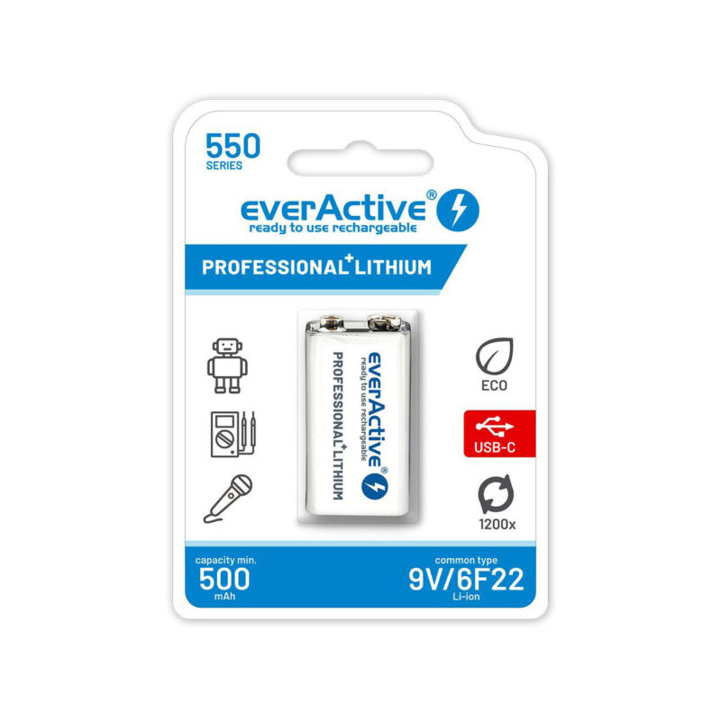 Akumulatorek 6F22 Li-Ion everActive 9V 550mAh z gniazdem USB-C