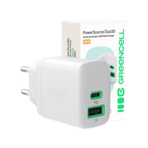 ŁADOWARKA SIECIOWA Greencell PowerSource Duo30 30W 1xUSB-C 1xUSB-A PD 3.0 QC 4.0+ biała