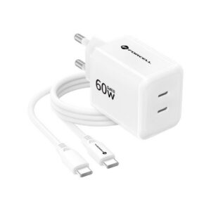 Ładowarka sieciowa Forcell F-Energy GaN III VT-60 60W PD QC 4.0+ 2x USB-C biała + kabel USB-C