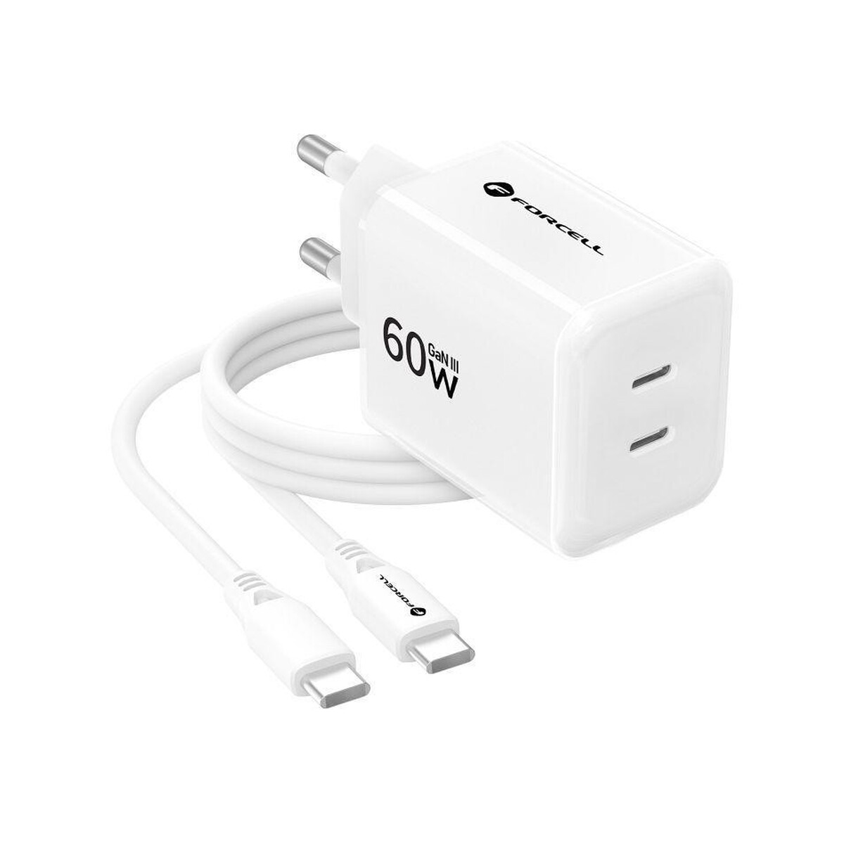 Ładowarka sieciowa Forcell F-Energy GaN III VT-60 60W PD QC 4.0+ 2x USB-C biała + kabel USB-C