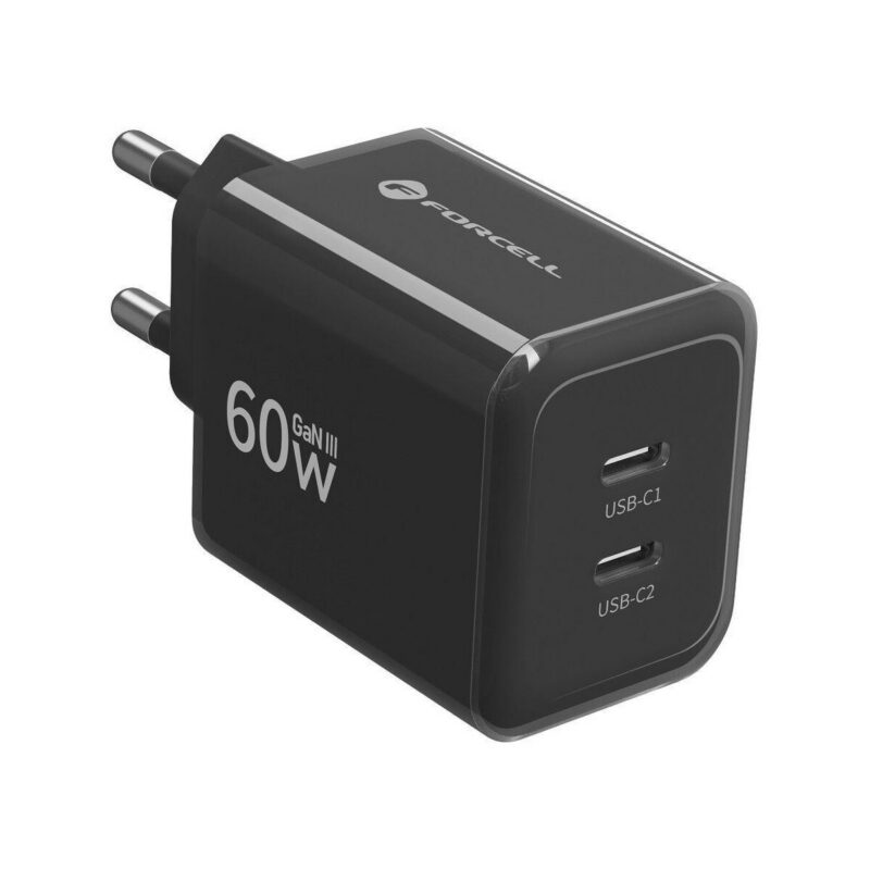 Ładowarka sieciowa Forcell F-Energy GaN III VT-60 60W PD QC 4.0+ 2x USB-C czarna + kabel USB-C