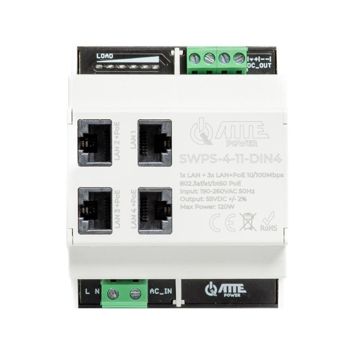 Switch PoE 4 portowy z wbudowanym zasilaczem na szynę TH35 ATTE SWPS-4-11-DIN4