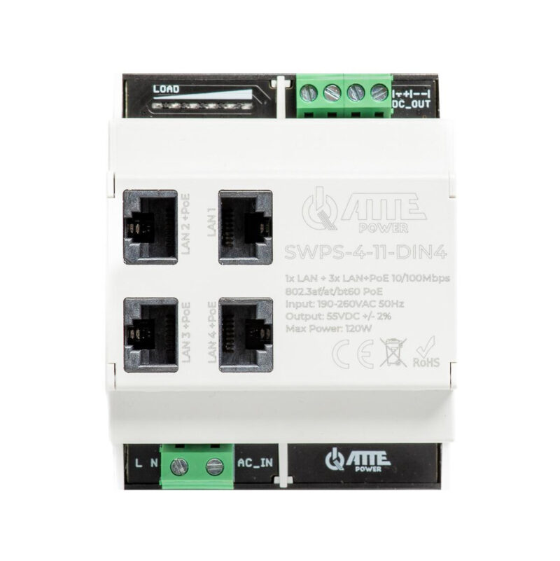 Switch PoE 4 portowy z wbudowanym zasilaczem na szynę TH35 ATTE SWPS-4-11-DIN4