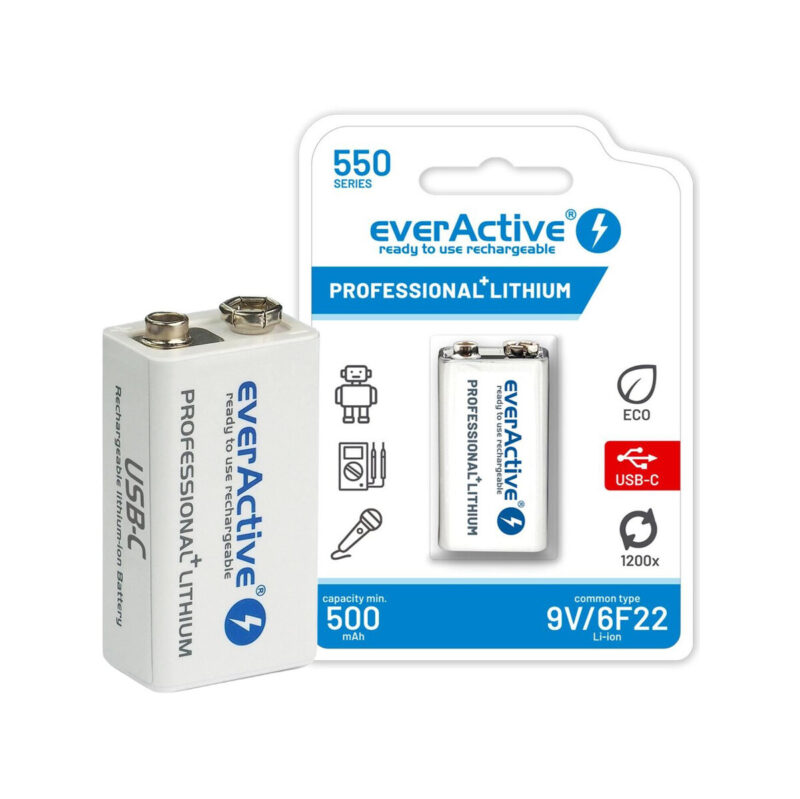 Akumulatorek 6F22 Li-Ion everActive 9V 550mAh z gniazdem USB-C