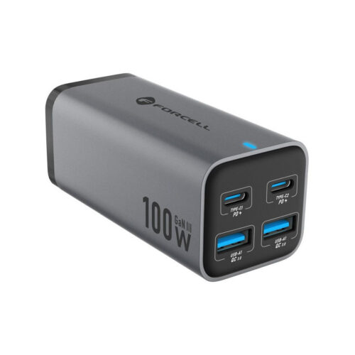Ładowarka biurkowa Forcell F-Energy GaN III 2x USB-C 2x USB-A QC 4.0 PD 5A 100W VT-49 szara
