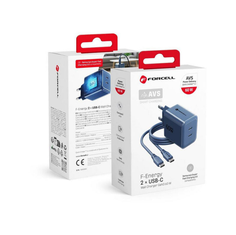 Ładowarka sieciowa Forcell F-Energy GaN III VT-60 60W PD QC 4.0+ 2x USB-C granatowa + kabel USB-C