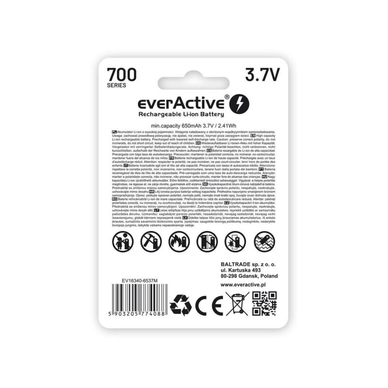 Akumulatorek 16340 / R-CR123 3,7V everActive 700mAh (1 szt.) z zabezpieczeniem