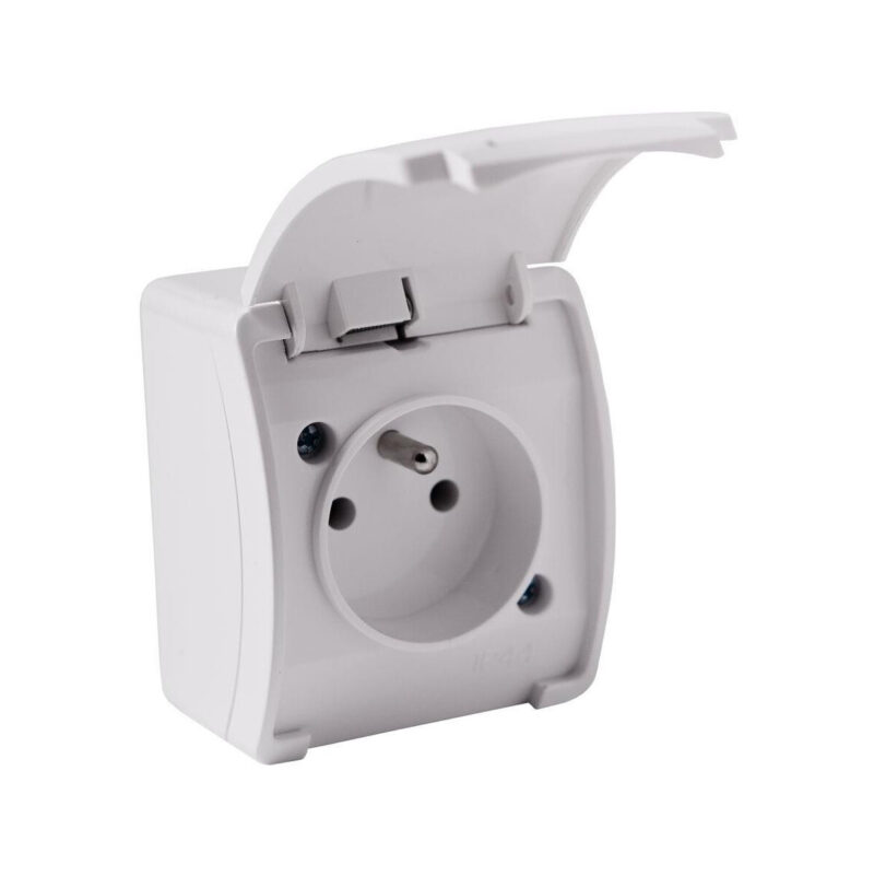 Gniazdo natynkowe pojedyncze z uziemieniem, z klapką VIPLAST KOALA BIAŁE IP44 161-01