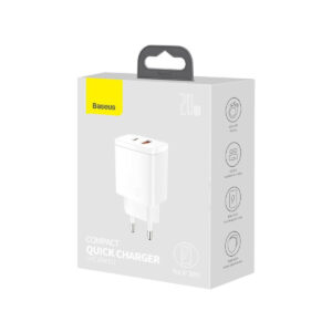 ŁADOWARKA SIECIOWA Baseus Compact Quick Charger CCXJ-B02 20W 1x USB-A 1x USB-C PD 3.0 QC 3.0 BIAŁA