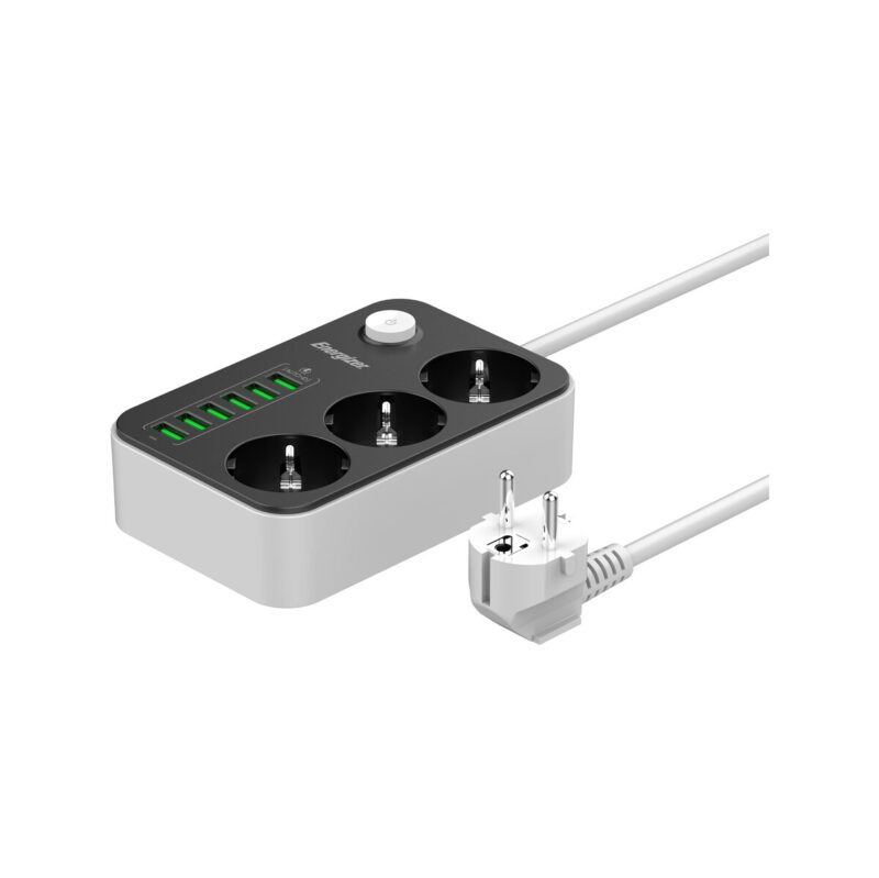 LISTWA ZASILAJĄCA Z WYŁĄCZNIKIEM Energizer 3x SCHUKO 6x USB-A 2500W 10A KABEL 2M