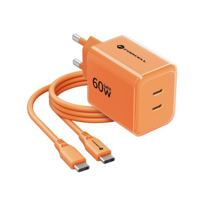 Ładowarka sieciowa Forcell F-Energy GaN III VT-60 60W PD QC 4.0+ 2x USB-C pomarańczowa + kabel USB-C