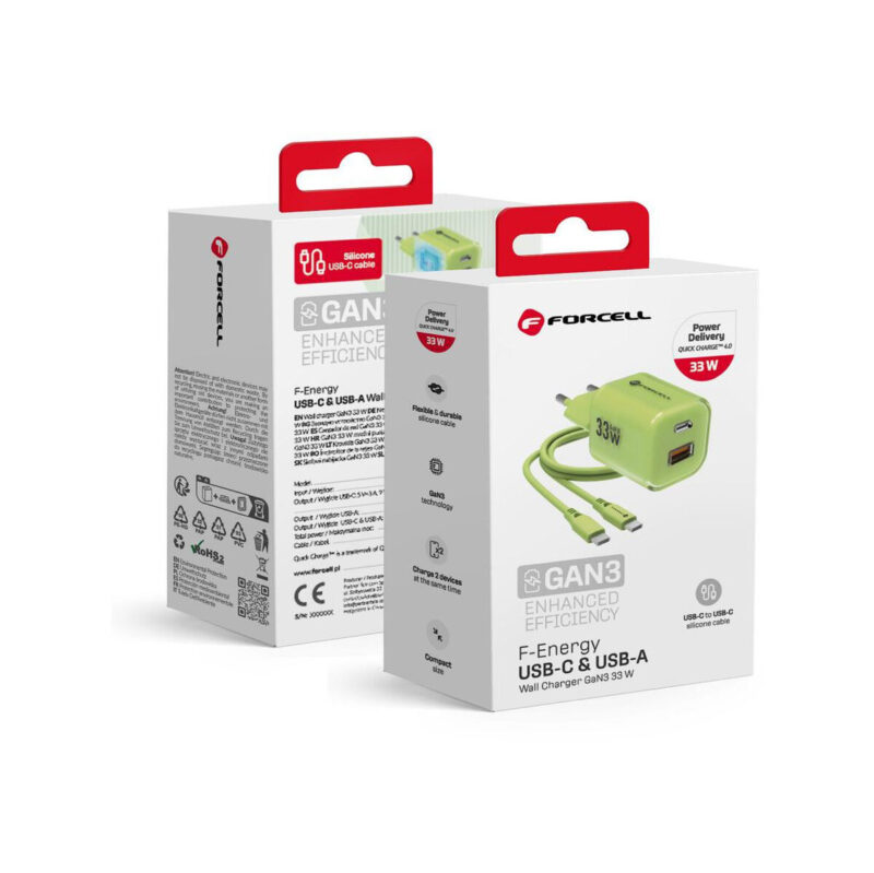 ae235bc9b373de4910f99c016c0a627e_original ŁADOWARKA SIECIOWA Forcell F-Energy GaN III VT-41 33 W 1x USB-C 1x USB-A PD 3.0 QC 4.0 ZIELONA