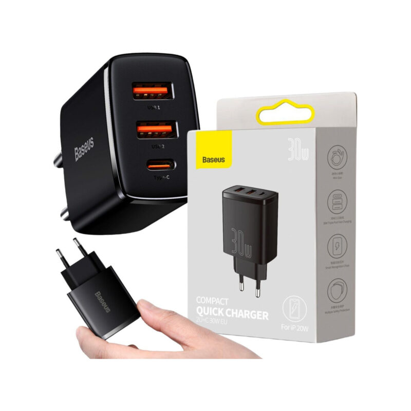 ŁADOWARKA SIECIOWA Baseus Compact Quick Charger CCXJ-E01 30W 2x USB-A 1x USB-C PD 3.0 QC 3.0 CZARNA