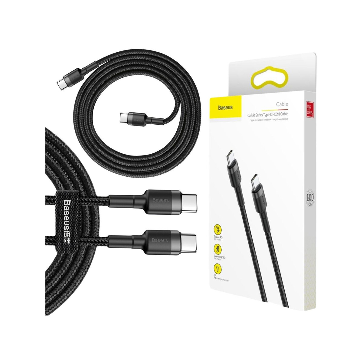 KABEL USB-C / USB-C Baseus Cafule CATKLF-GG1 100cm 60W 3A PD 2.0 QC 3.0 CZARNO-SZARY W OPLOCIE