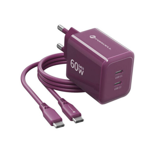 Ładowarka sieciowa Forcell F-Energy GaN III VT-60 60W PD QC 4.0+ 2x USB-C burgundowa + kabel USB-C