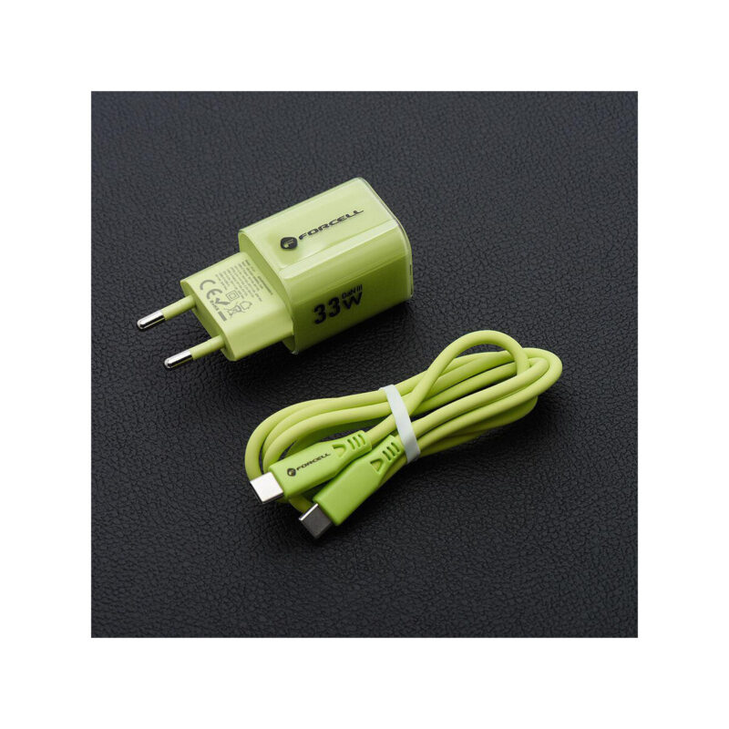 b5121e66c05c9aa011ece59fcf012ca3_original ŁADOWARKA SIECIOWA Forcell F-Energy GaN III VT-41 33 W 1x USB-C 1x USB-A PD 3.0 QC 4.0 ZIELONA