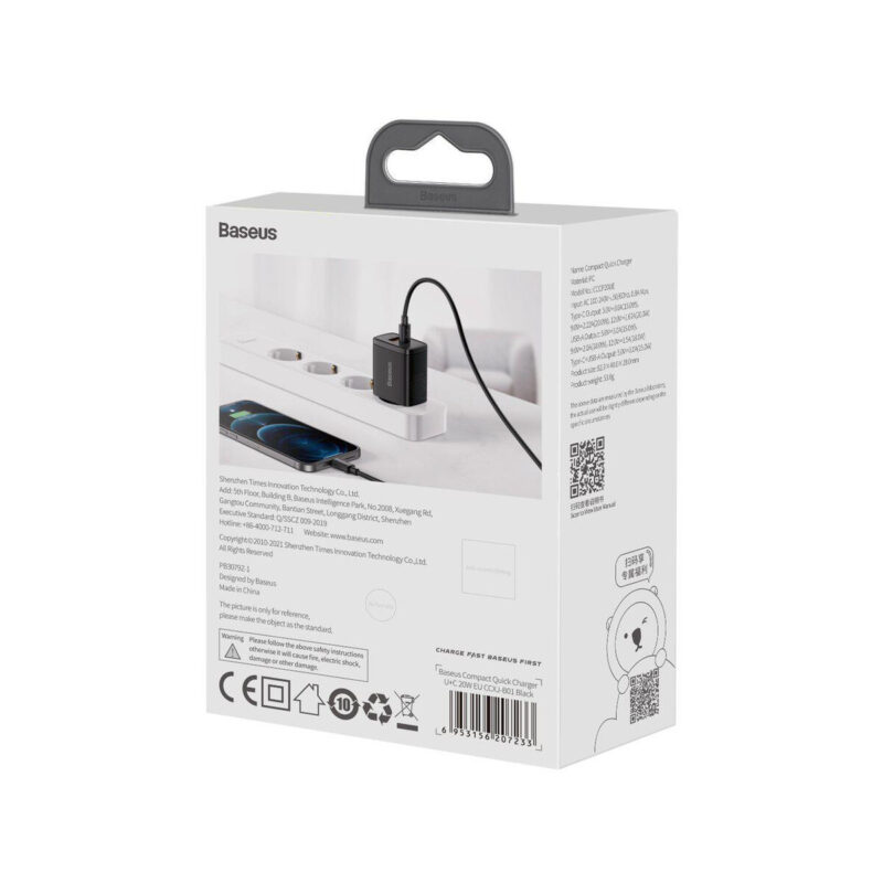 ŁADOWARKA SIECIOWA Baseus Compact Quick Charger CCXJ-B01 20W 1x USB-A 1x USB-C PD 3.0 QC 3.0 CZARNA