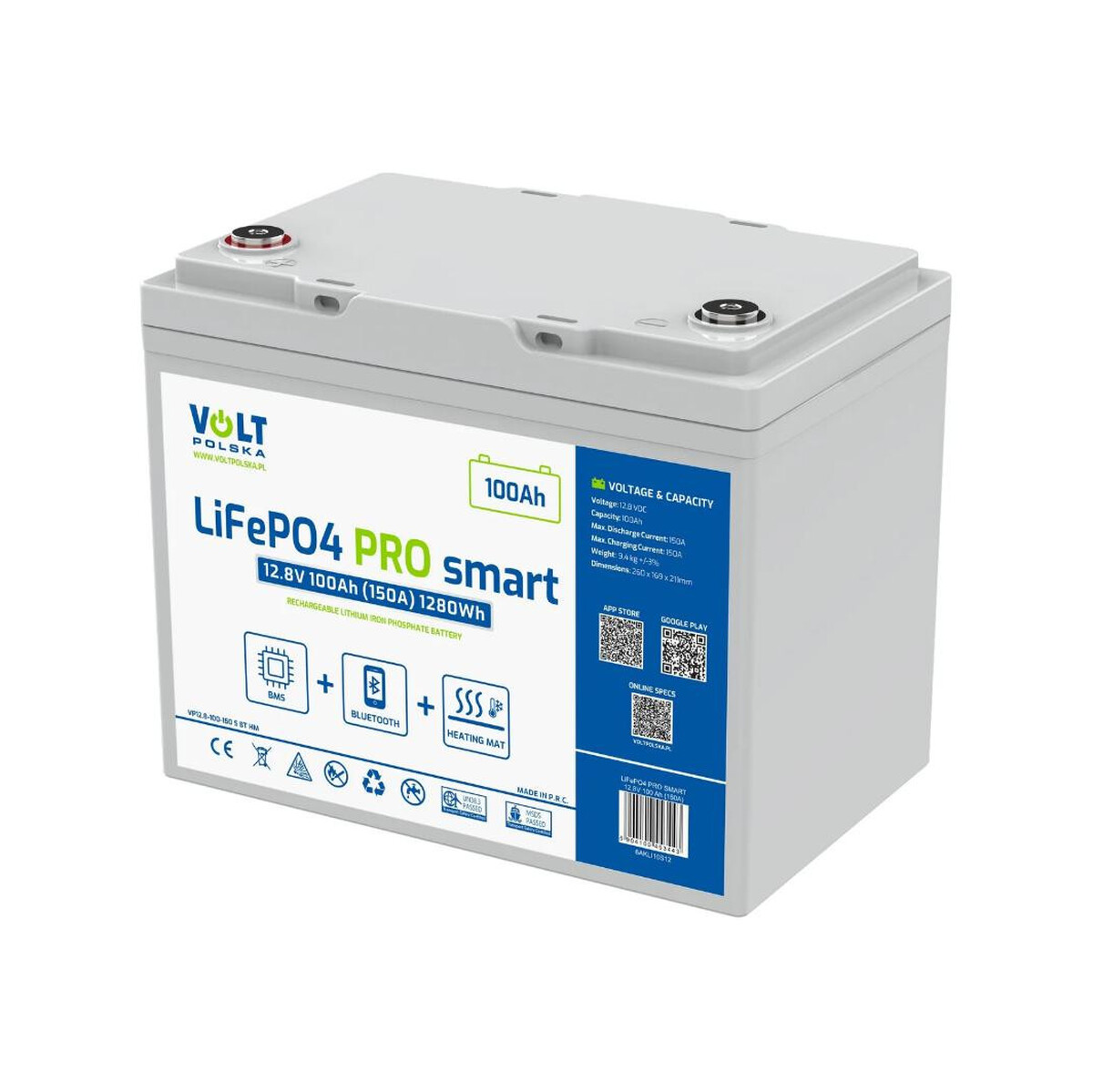 Akumulator LiFePO4 Volt Polska PRO SMART 12,8V 100 Ah (150A) BMS BLUETOOTH + MATA GRZEWCZA