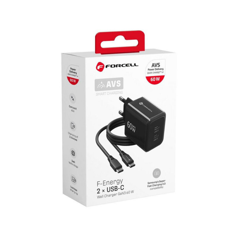 Ładowarka sieciowa Forcell F-Energy GaN III VT-60 60W PD QC 4.0+ 2x USB-C czarna + kabel USB-C