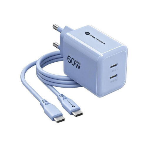 Ładowarka sieciowa Forcell F-Energy GaN III VT-60 60W PD QC 4.0+ 2x USB-C niebieska + kabel USB-C