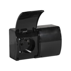 Gniazdo natynkowe podwójne z uziemieniem, z klapką VIPLAST KOALA CZARNE IP44 162-05