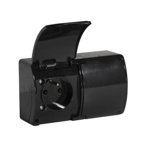 Gniazdo natynkowe podwójne z uziemieniem, z klapką VIPLAST KOALA CZARNE IP44 162-05