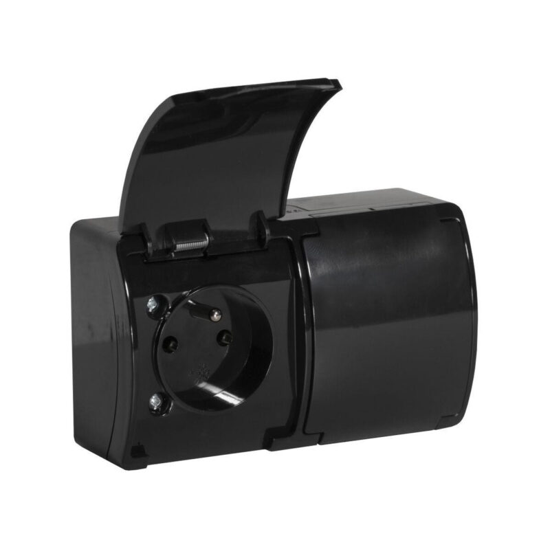 Gniazdo natynkowe podwójne z uziemieniem, z klapką VIPLAST KOALA CZARNE IP44 162-05