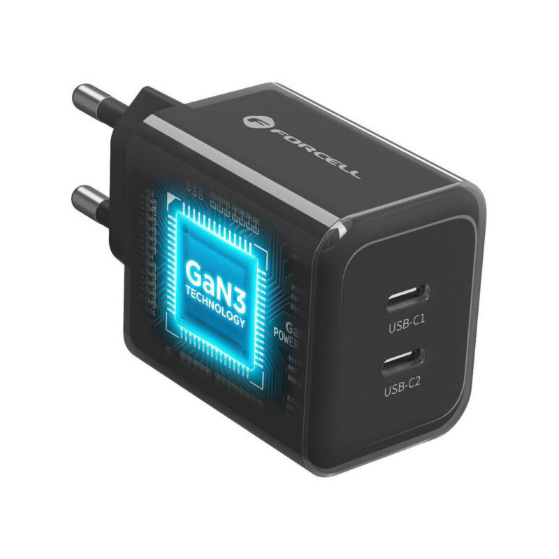 Ładowarka sieciowa Forcell F-Energy GaN III VT-60 60W PD QC 4.0+ 2x USB-C czarna + kabel USB-C