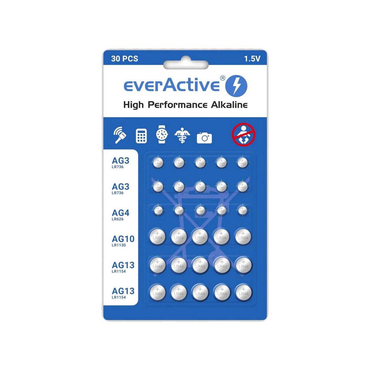 Zestaw 30 baterii 1,5V 10x AG3 / LR41 5x AG4 / LR626 5x AG10 / LR1130 10x AG13 / LR1154 everActive