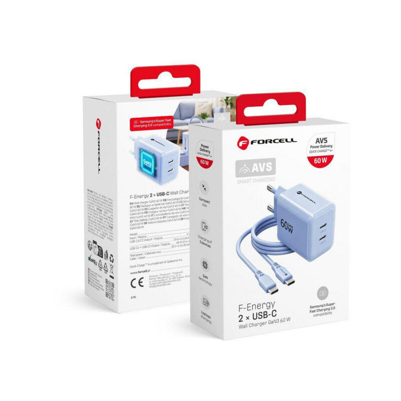 Ładowarka sieciowa Forcell F-Energy GaN III VT-60 60W PD QC 4.0+ 2x USB-C niebieska + kabel USB-C