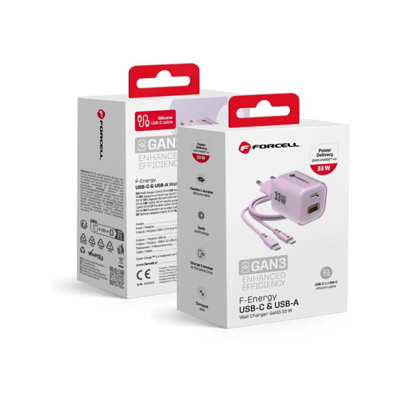 e67fcfa67f610351dfe070c5eaee1872_original ŁADOWARKA SIECIOWA Forcell F-Energy GaN III VT-41 33 W 1x USB-C 1x USB-A PD 3.0 QC 4.0 FIOLETOWA