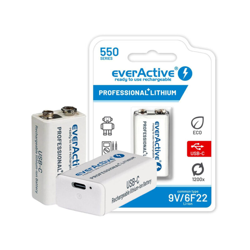 Akumulatorek 6F22 Li-Ion everActive 9V 550mAh z gniazdem USB-C