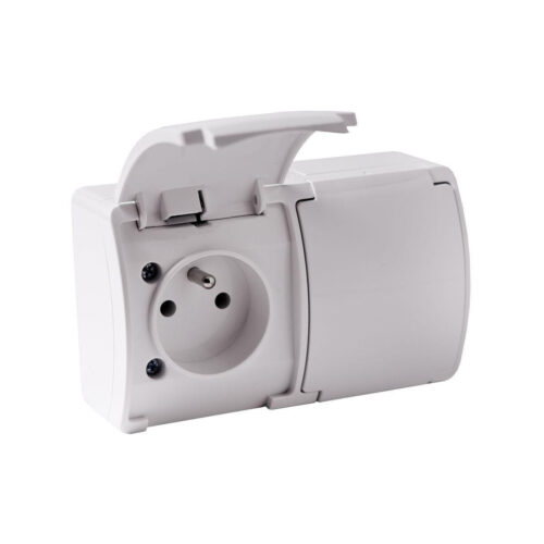 Gniazdo natynkowe podwójne z uziemieniem, z klapką VIPLAST KOALA BIAŁE IP44 162-01