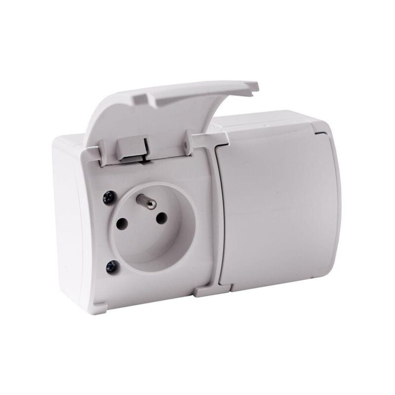 Gniazdo natynkowe podwójne z uziemieniem, z klapką VIPLAST KOALA BIAŁE IP44 162-01