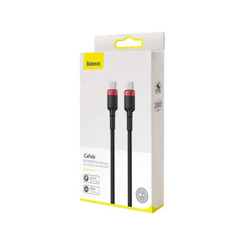 KABEL USB-C / USB-C Baseus Cafule CATKLF-AL91 200cm 100W 5A PD 2.0 QC 3.0 CZARNY W OPLOCIE