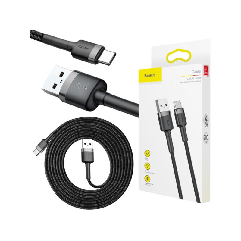 KABEL USB-A / USB-C Baseus Cafule CATKLF-CG1 200cm 2A QC 3.0 CZARNO-SZARY W NYLONOWYM OPLOCIE