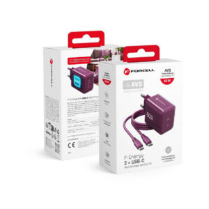 Ładowarka sieciowa Forcell F-Energy GaN III VT-60 60W PD QC 4.0+ 2x USB-C burgundowa + kabel USB-C