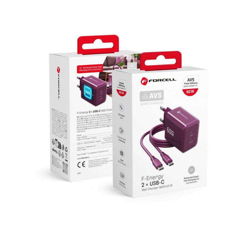 Ładowarka sieciowa Forcell F-Energy GaN III VT-60 60W PD QC 4.0+ 2x USB-C burgundowa + kabel USB-C