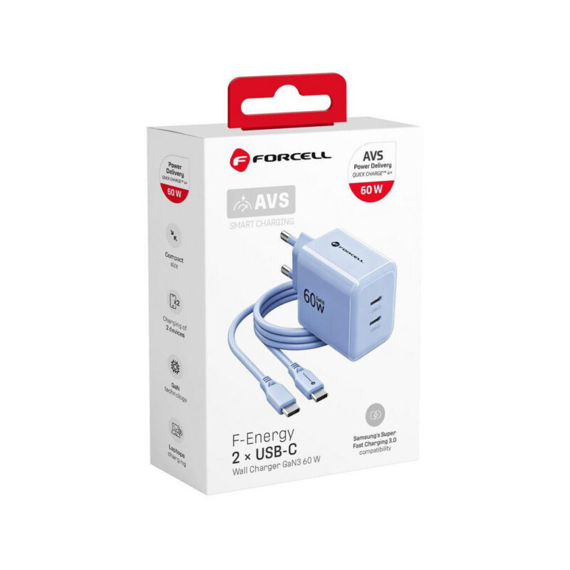 Ładowarka sieciowa Forcell F-Energy GaN III VT-60 60W PD QC 4.0+ 2x USB-C niebieska + kabel USB-C