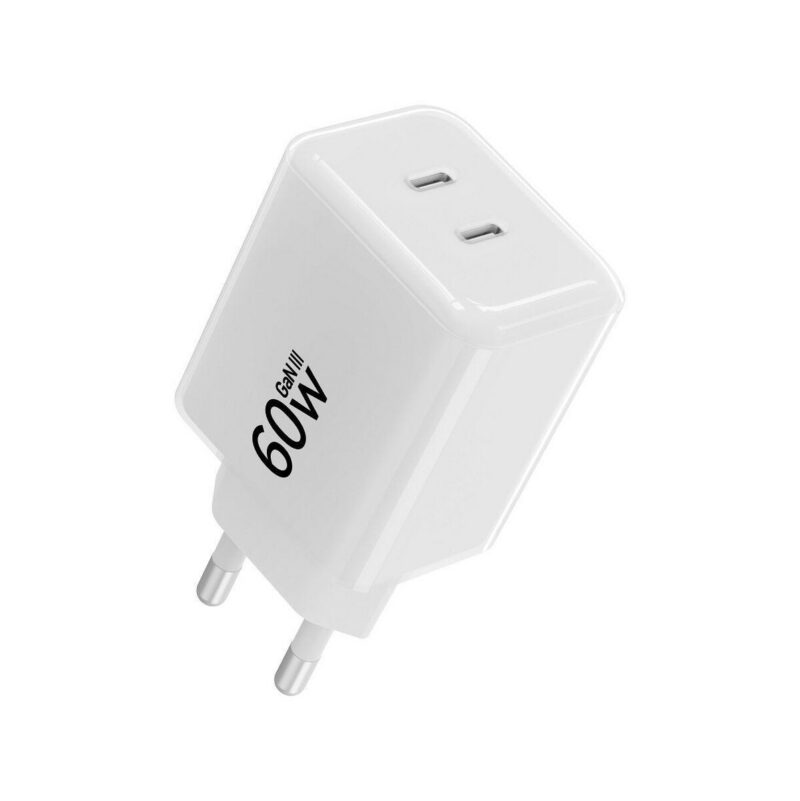 Ładowarka sieciowa Forcell F-Energy GaN III VT-60 60W PD QC 4.0+ 2x USB-C biała + kabel USB-C
