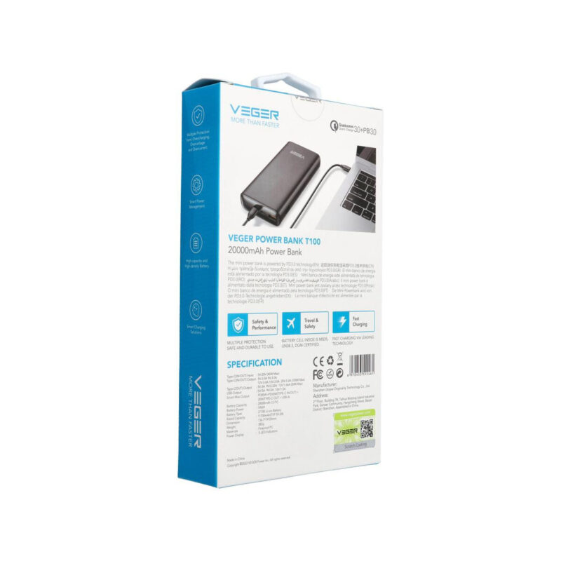 Powerbank Veger 20000 mAh 100 W PD QC 3.0 USB-A 2x USB-C czarny