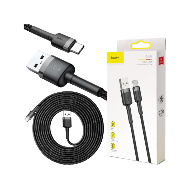 KABEL USB-A / USB-C Baseus Cafule CATKLF-UG1 300cm 2A QC 3.0 CZARNO-SZARY W NYLONOWYM OPLOCIE